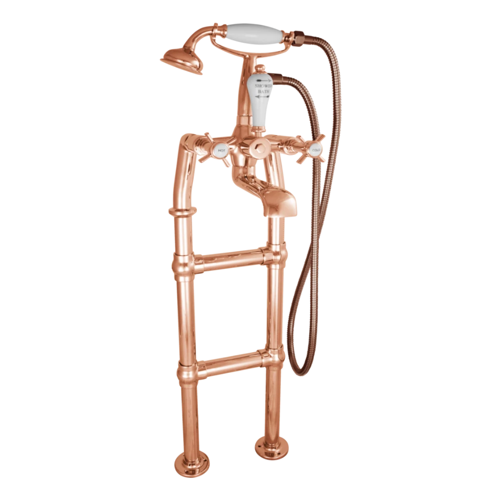 Hurlingham Freestanding Bath Spout & Shower Mixer Taps With Small Tap Stand copper