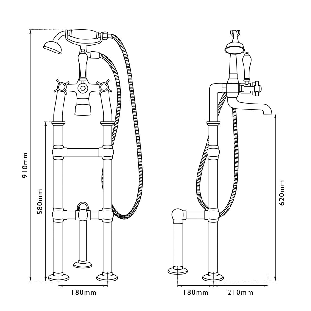 Hurlingham Freestanding Bath Spout & Shower Mixer Taps With Small Tap Stand technical drawing