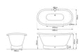 Hurlingham Chaucer Freestanding Cast Iron Roll Top Bath Metallic Pewter Lustre 680mm x 760mm EMP016 and EMP018 specification technical drawing