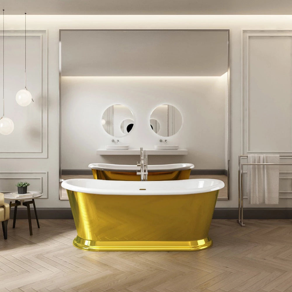 Charlotte Edwards beautiful gold bath freestanding bateau boat bathtub with farrow and ball bespoke paint