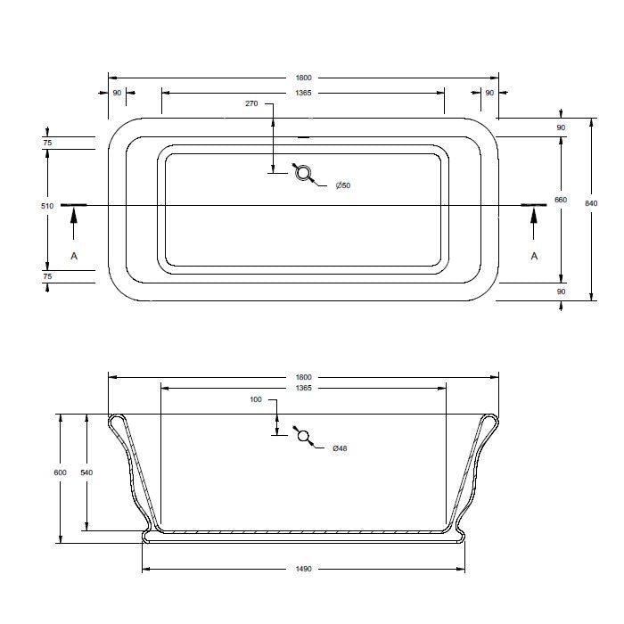 BC Designs Senator Cian Freestanding Bath, 1800mm x 840mm BAB045 technical drawing