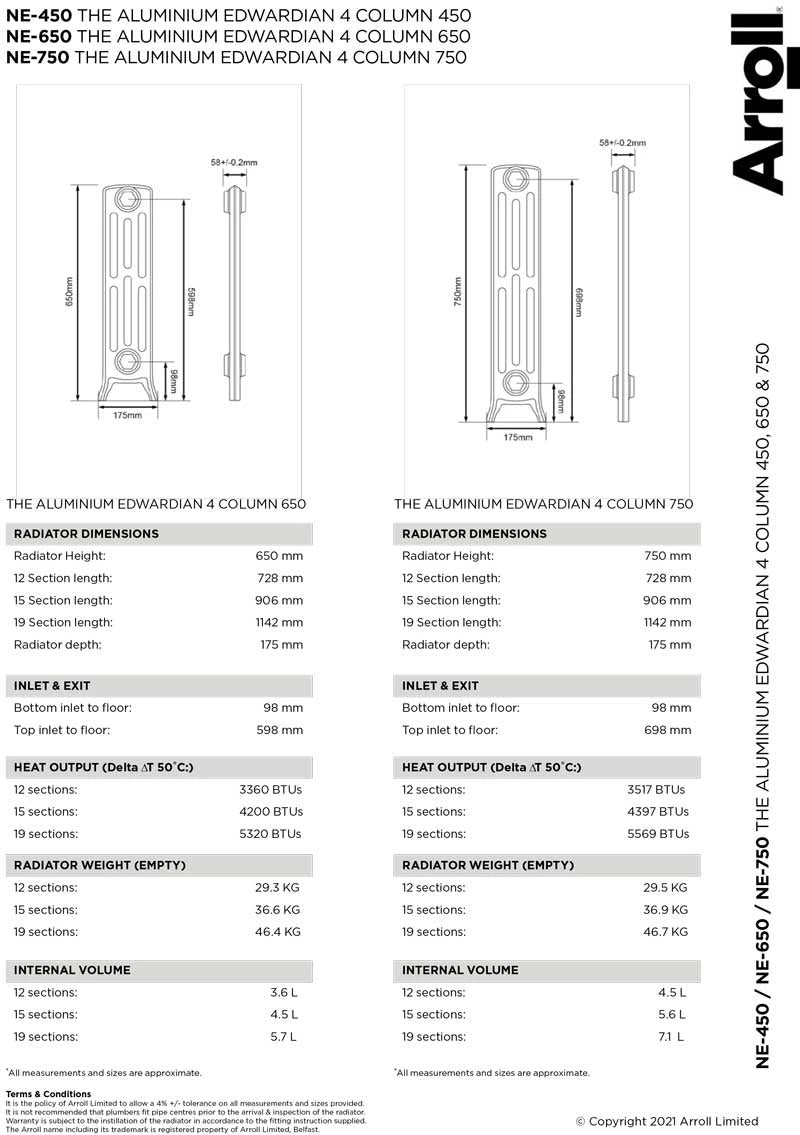 Arroll Edwardian Aluminium 4 Column Radiator H650mm data sheet