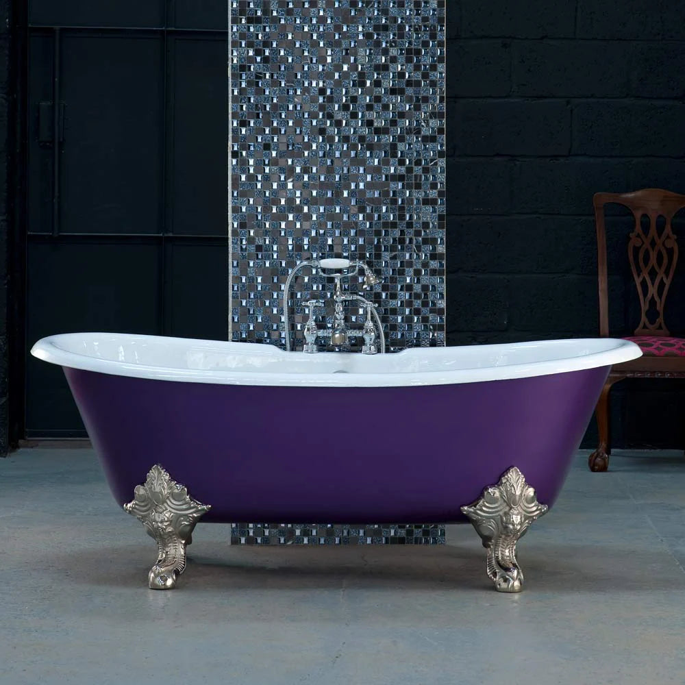 eye catching purple cast iron bath bespoke painted with white interiors and silver detailed claw legs by arroll