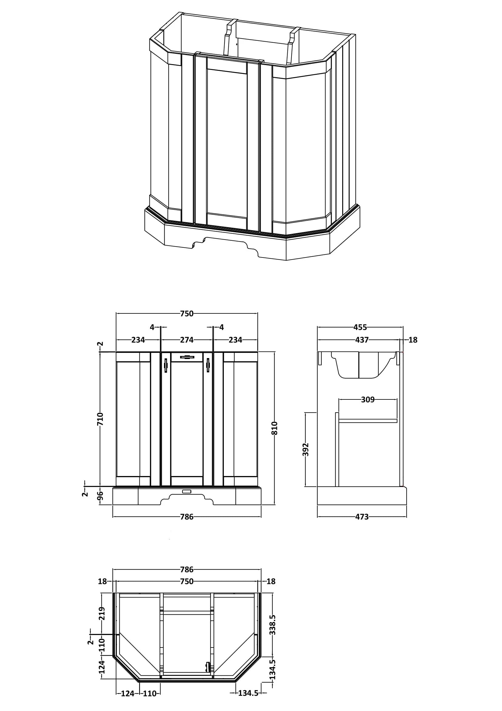 BC Designs Victrion Angled Vanity Unit 750mm in Forest Green finish and White Marble Basin BCF750FG technical drawing