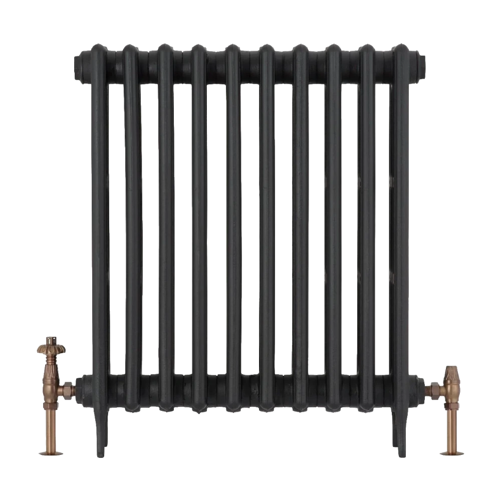 Arroll Cast Iron Radiator on white background with antique copper finish thermstatic valves