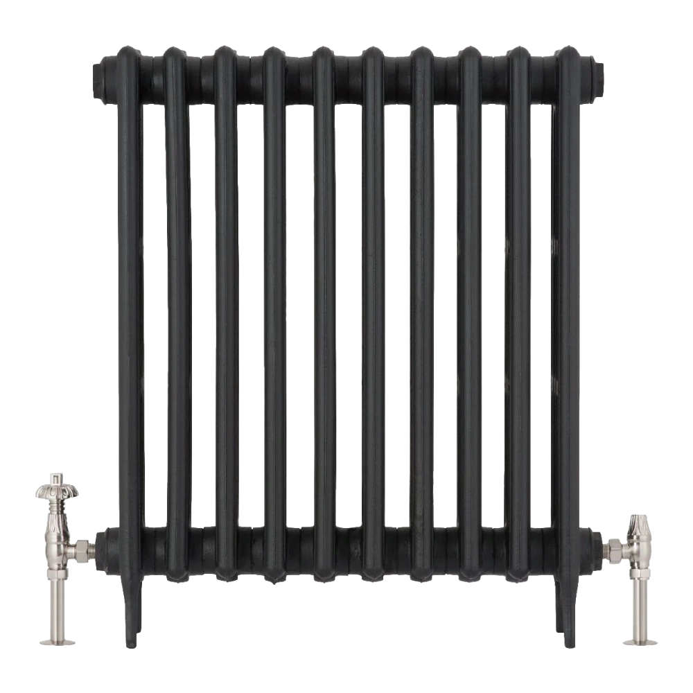 Arroll Cast Iron Radiator on white background with brushed nickel finish thermstatic valves