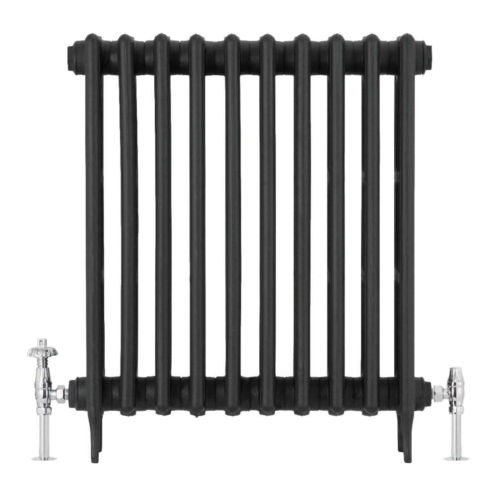 Arroll Cast Iron Radiator on white background with chrome finish thermstatic valves