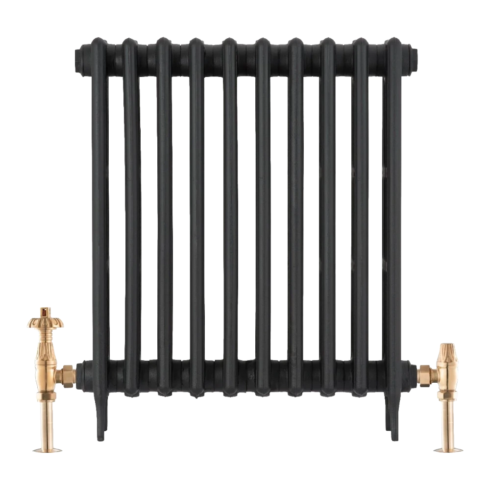 Arroll Cast Iron Radiator on white background with old english brass finish thermstatic valves