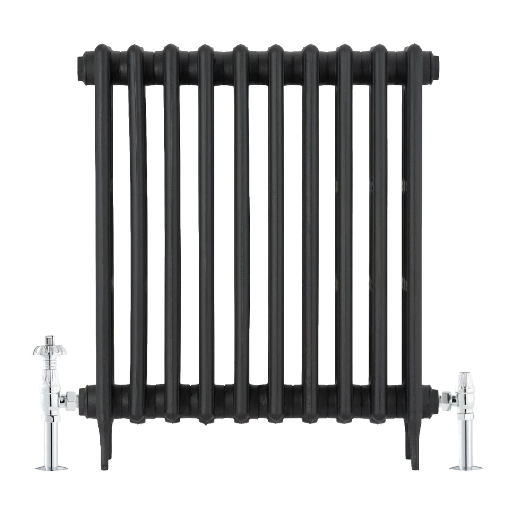 Arroll Cast Iron Radiator on white background with pewter finish thermstatic valves