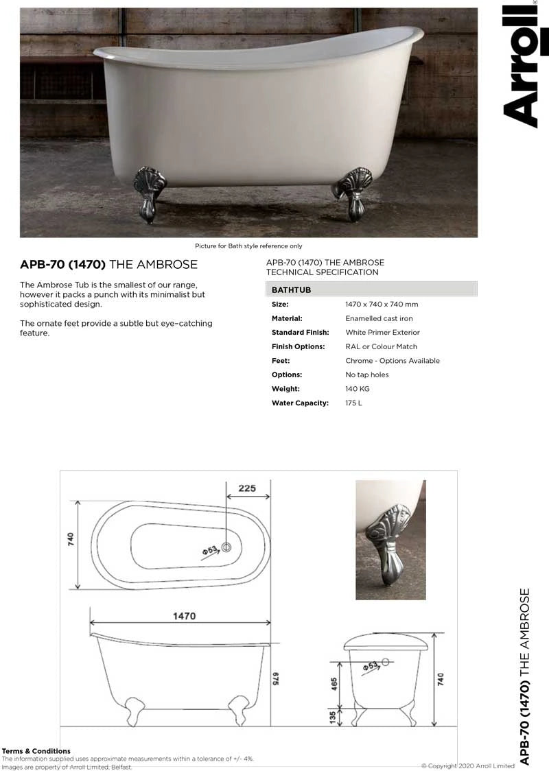 Arroll Ambrose Freestanding Cast Iron Slipper Bath 1470x740mm data sheet