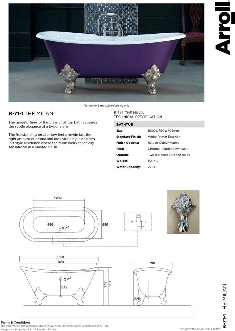 Arroll Milan Freestanding Cast Iron bathtub 1800x790mm data sheet