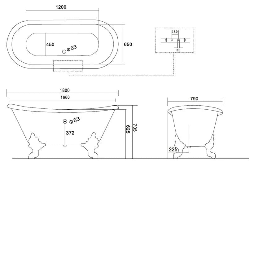 Arroll Milan Freestanding Cast Iron bathtub 1800x790mm technical drawing