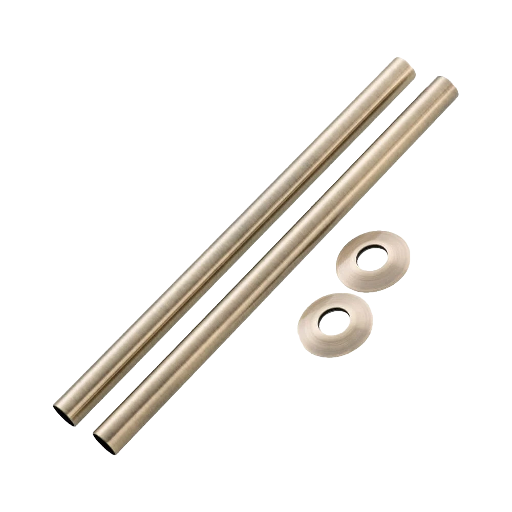 Arroll Radiator Pipe Cover, Sleeves, Shrouds Kit with Base Plate in length 300mm and Brushed Brass Finish on white background