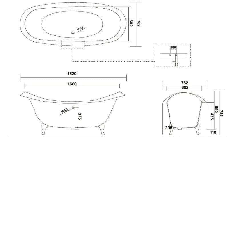 Arroll Villandry Cast Iron Freestanding Bath 1820x762mm technical drawing