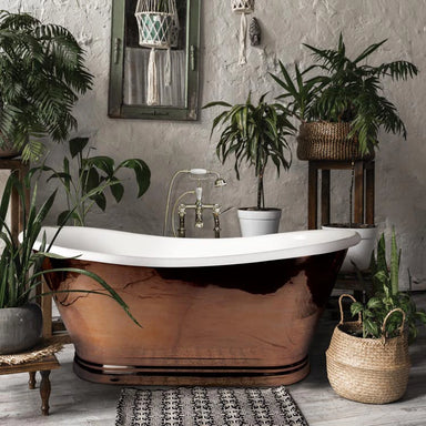 BC Designs Copper Enamel Bath Roll Top Bathtub 1500mm x 725mm BAC018 within luxury bathroom with green house plants