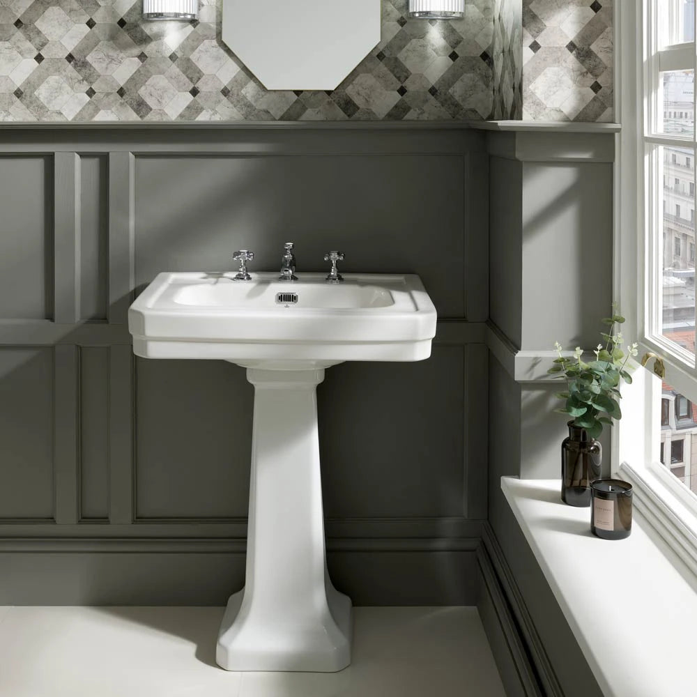 BC Designs Victrion Ceramic Bathroom Basin / Sink sitting on Pedestal 640mm with three tap holes