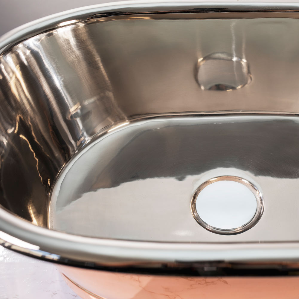 BC Designs Copper Nickel Roll Top Bathroom Wash Basin / Sink 530mm x 345mm nickel basin waste on show in birds eye view