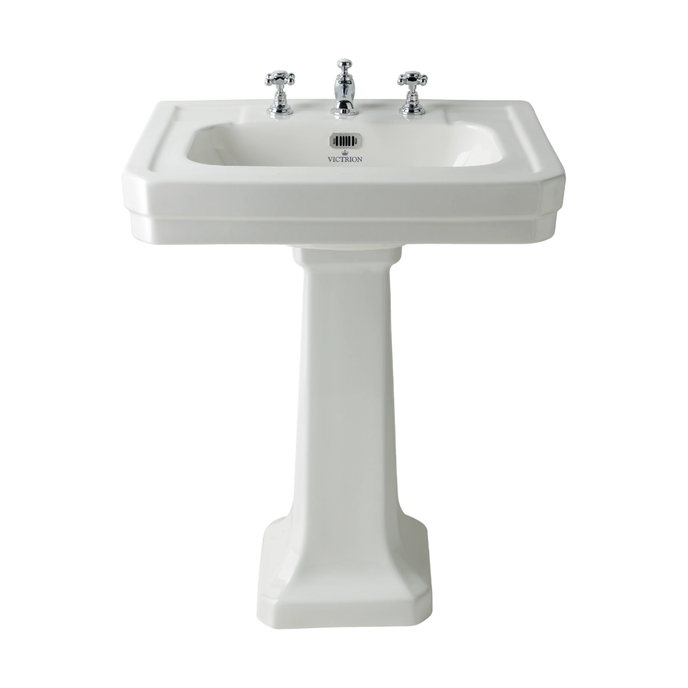 BC Designs Victrion Ceramic Bathroom Basin / Sink sitting on Pedestal 640mm with three tap holes