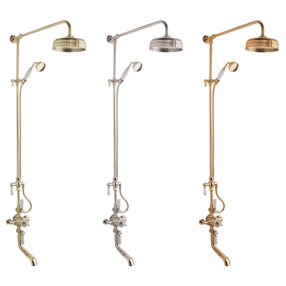 BC Designs Victrion Triple Thermostatic Shower Valve, 8" Shower Head & Bath Spout Filler gold, nickel and copper