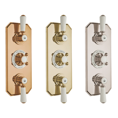 BC Designs Victrion Triple Thermostatic Concealed Shower Valve 2 Outlets polished copper, gold and nickel
