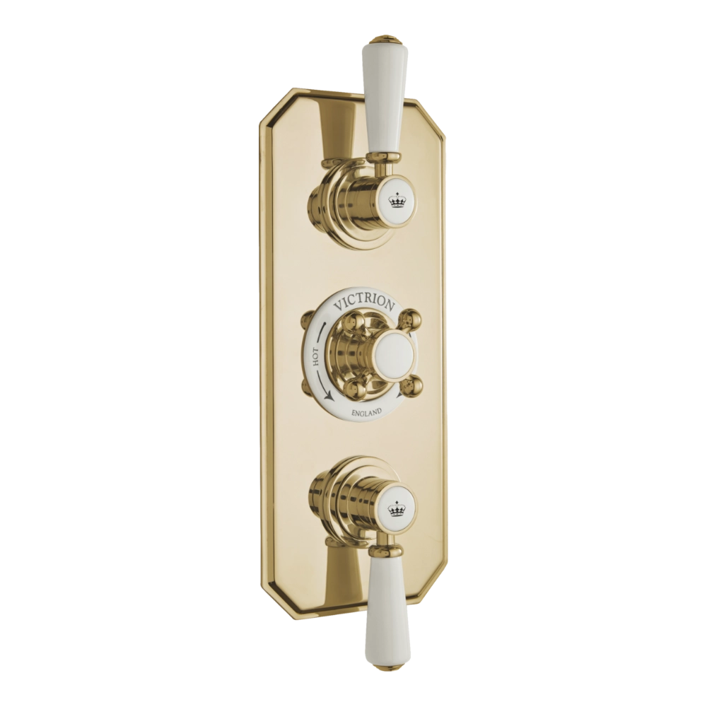 BC Designs Victrion Triple Thermostatic Concealed Shower Valve 2 Outlets in polished gold finish