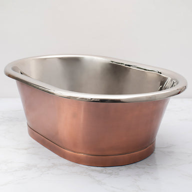 BC Designs Antique Copper-Nickel Roll Top Wash Basin 530mm x 345mm sitting on a vanity unit