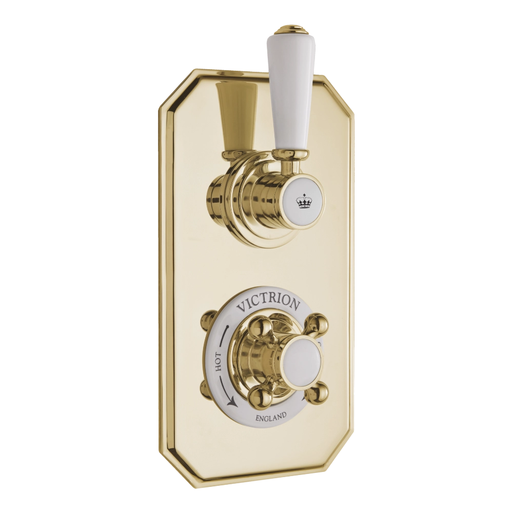 BC Designs Victrion Twin Thermostatic Concealed Shower Valve, 1 Outlet in polished gold finish