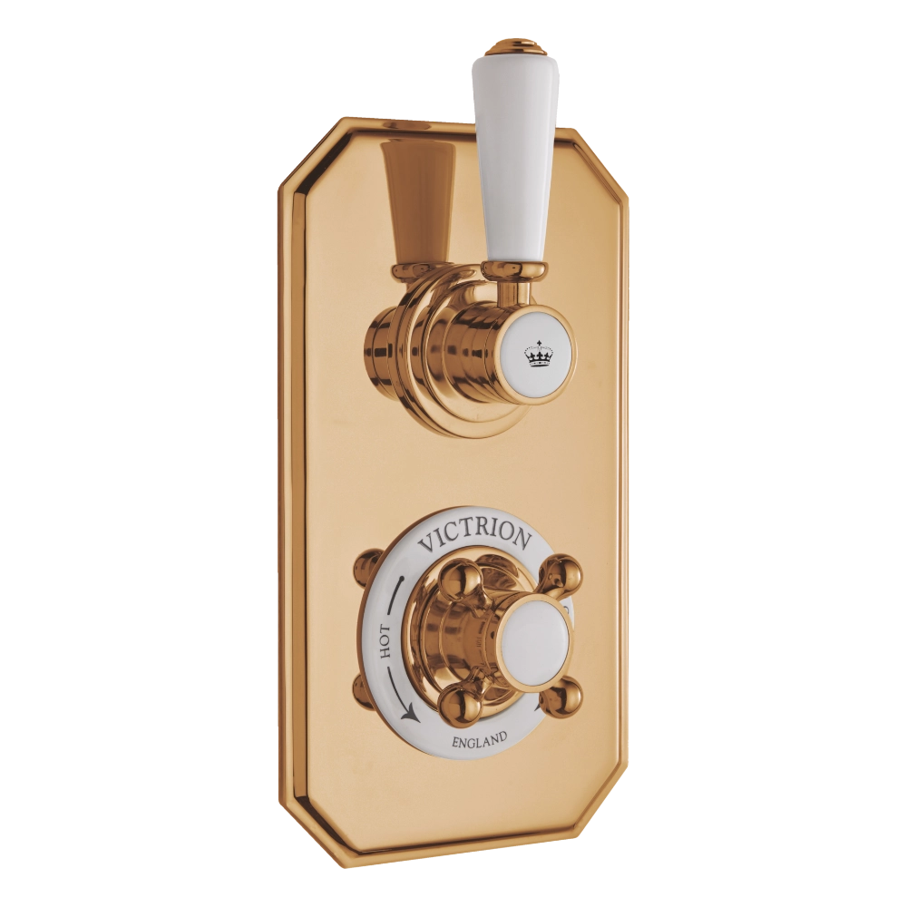 BC Designs Victrion Twin Thermostatic Concealed Shower Valve, 1 Outlet in polished copper finish