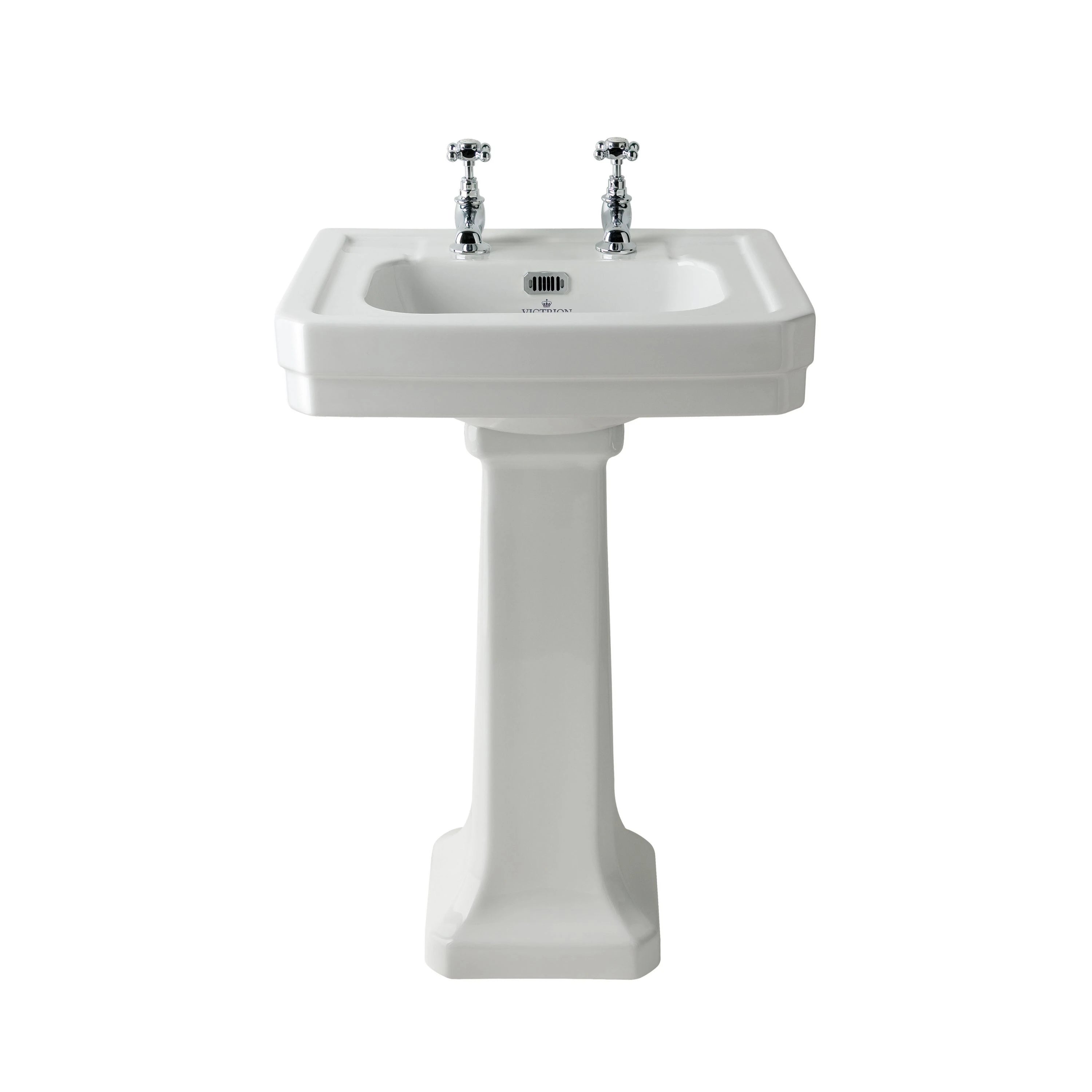 BC Designs Victrion Bathroom Ceramic Basin and Pedestal 540mm polished white with two tap holes