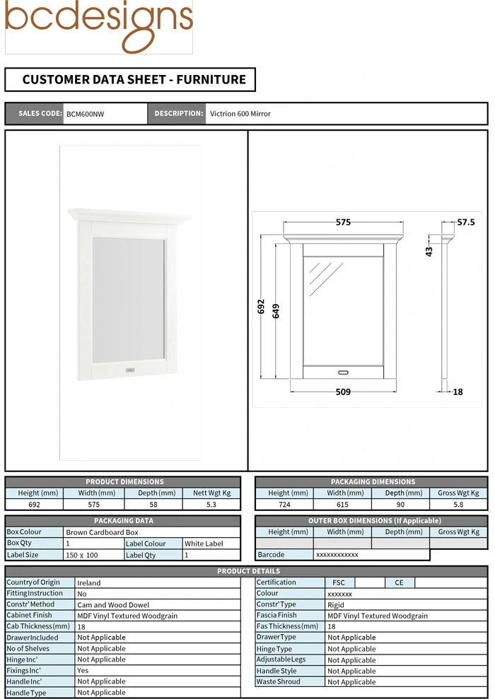 BC Designs Victrion Wall Hung Bathroom Mirror 752x650mm specification
