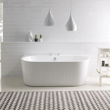 BC Designs Ancora Acrylic Bath, Back-To-Wall Bathtub, Polished White, 1640x760mm in a bathroom space