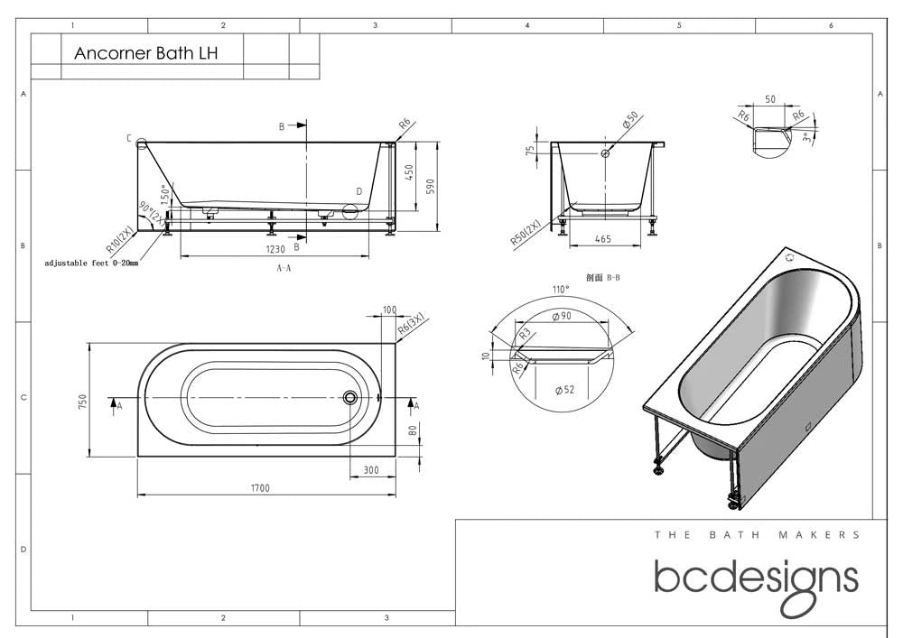 BC Designs Ancorner Acrylic Shower Bath, Back To Wall Bathtub 1700mm x 750mm specification left hand