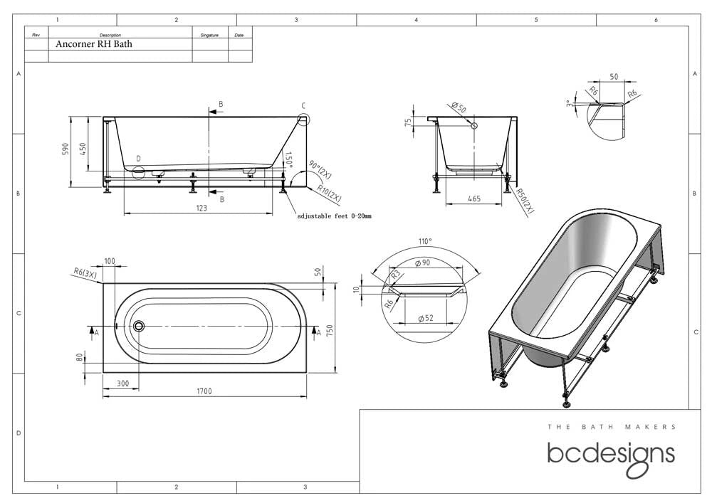 BC Designs Ancorner Acrylic Shower Bath, Back To Wall Bathtub 1700mm x 750mm specification right hand