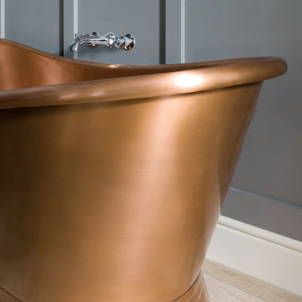 BC Designs Antique Copper Roll Top Boat Bath 1500mm x 725mm BAC047 bathtub with close up of copper roll top design