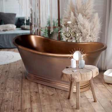 BC Designs Antique Copper Roll Top Boat Bath in size 1700mm x 725mm BAC046 within traditional bathroom with wooden floors