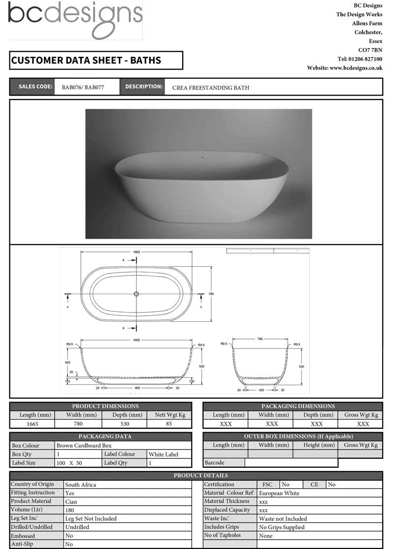 BC Designs Crea Cian Freestanding Bath, Double Ended Bath, 1665x780mm specification