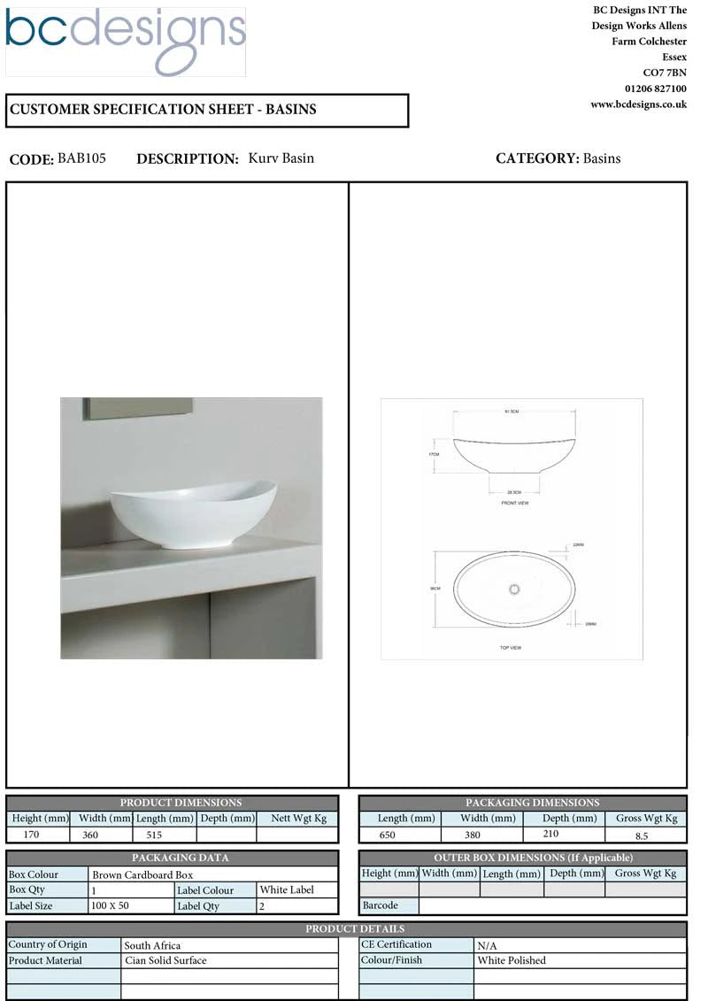 BC Designs Kurv Cian Bathroom Wash Basin technical data sheet