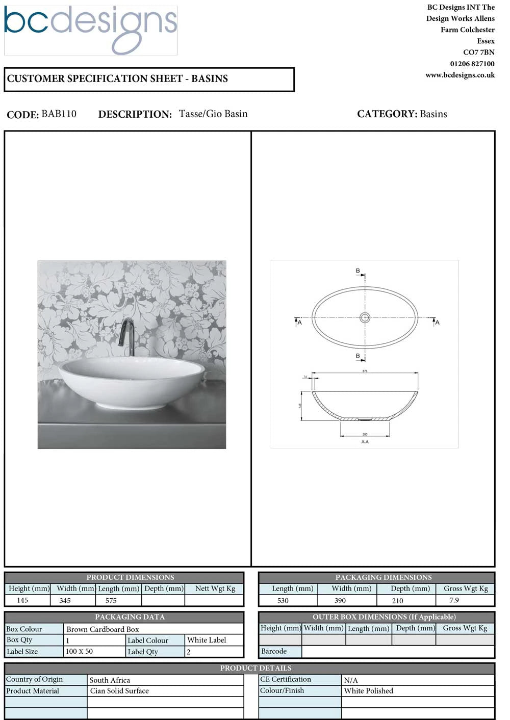 BC Designs Tasse Gio Cian Bathroom Wash Basin, 575x345mm technical drawing data sheet