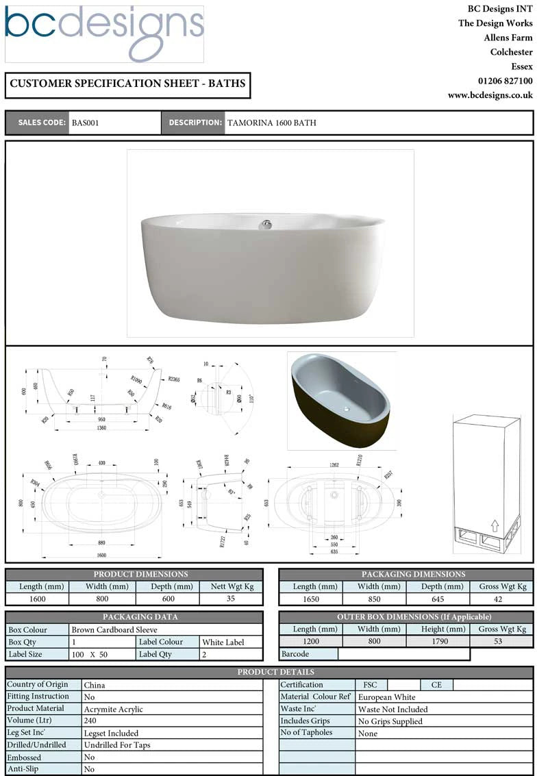 BC Designs Tamorina Acrylic Freestanding Bath, Double Ended Bath, Polished White, 1600x800mm data sheet