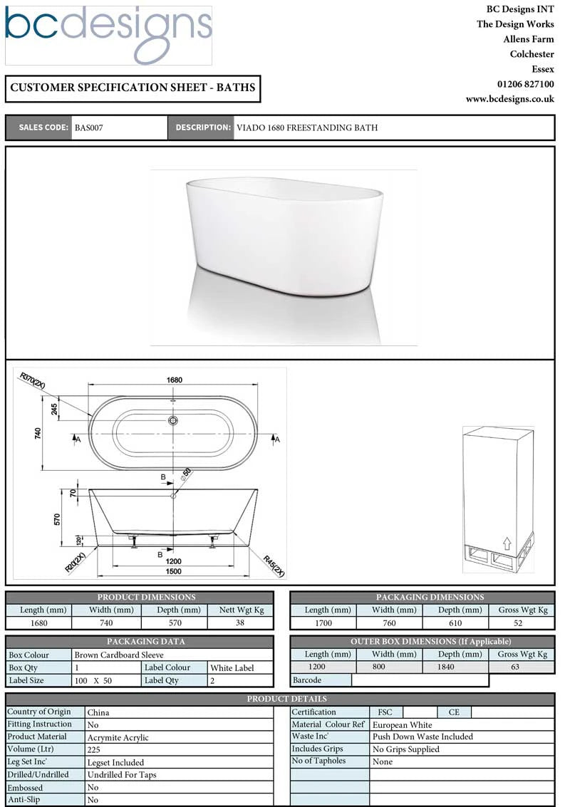 BC Designs Viado Acrylic Freestanding Bath, Double Ended Bath, Polished White, 1680x740mm spec