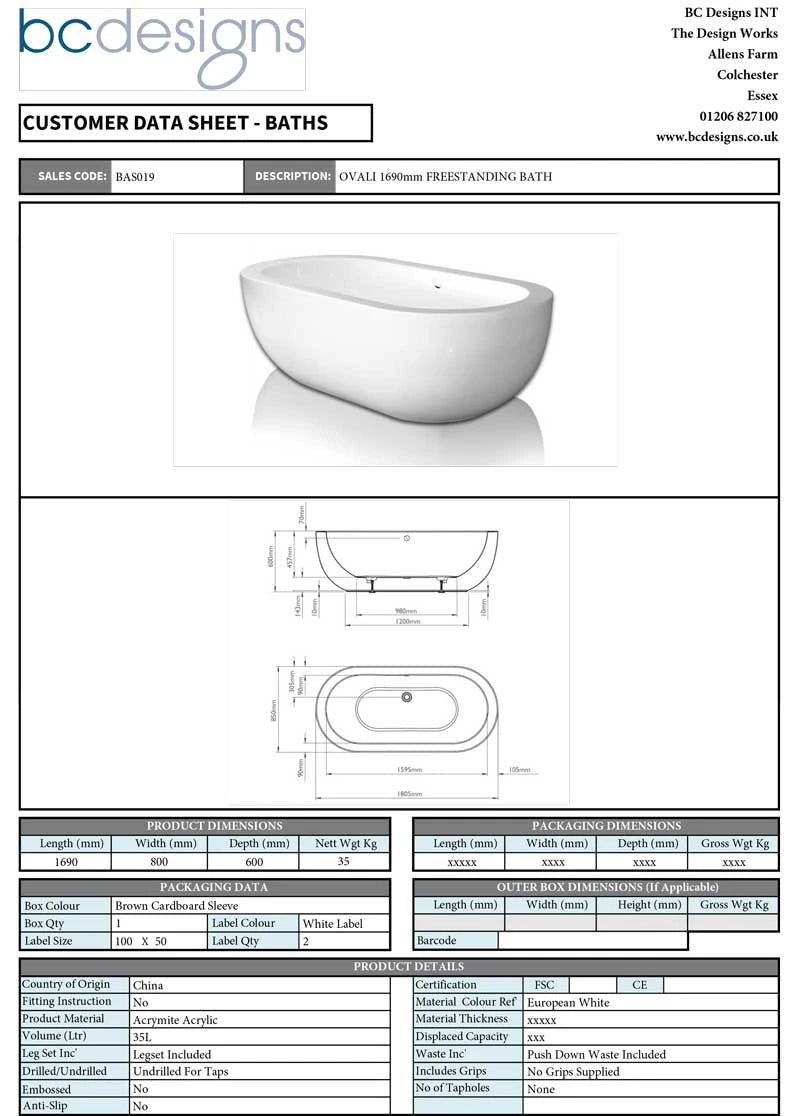 BC Designs Ovali Acrylic Bath, Double Ended Boat Bath, Polished White, 1690x800mm data sheet