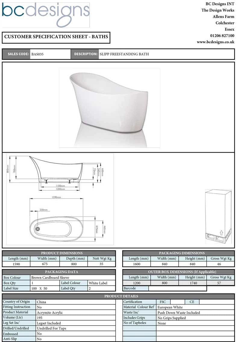 BC Designs Slipp Acrylic Freestanding Slipper Bath, Polished White, 1590x675mm data sheet