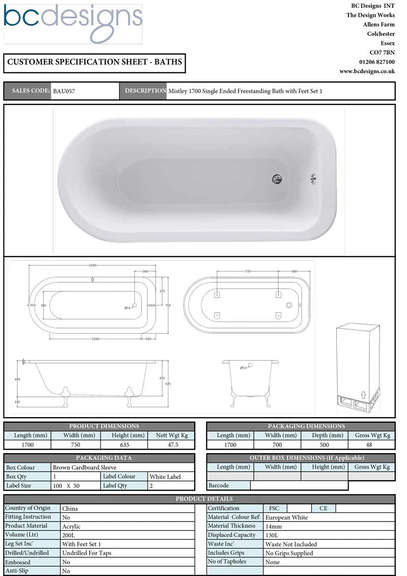 BC Designs Mistley Acrylic Freestanding Bath, Roll Top Painted Bath With Feet 1, 1700x750mm