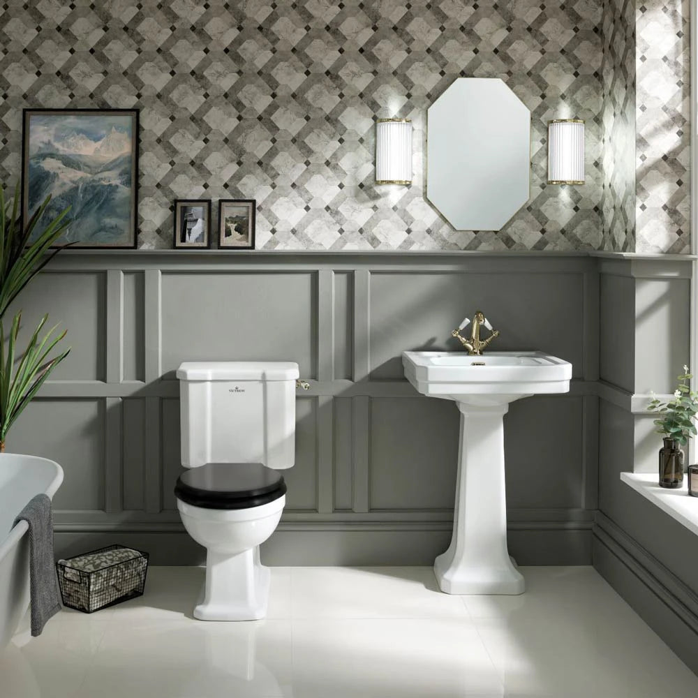 BC Designs Victrion Bathroom Ceramic Basin and Pedestal 540mm polished white with one tap hole in traditional bathroom