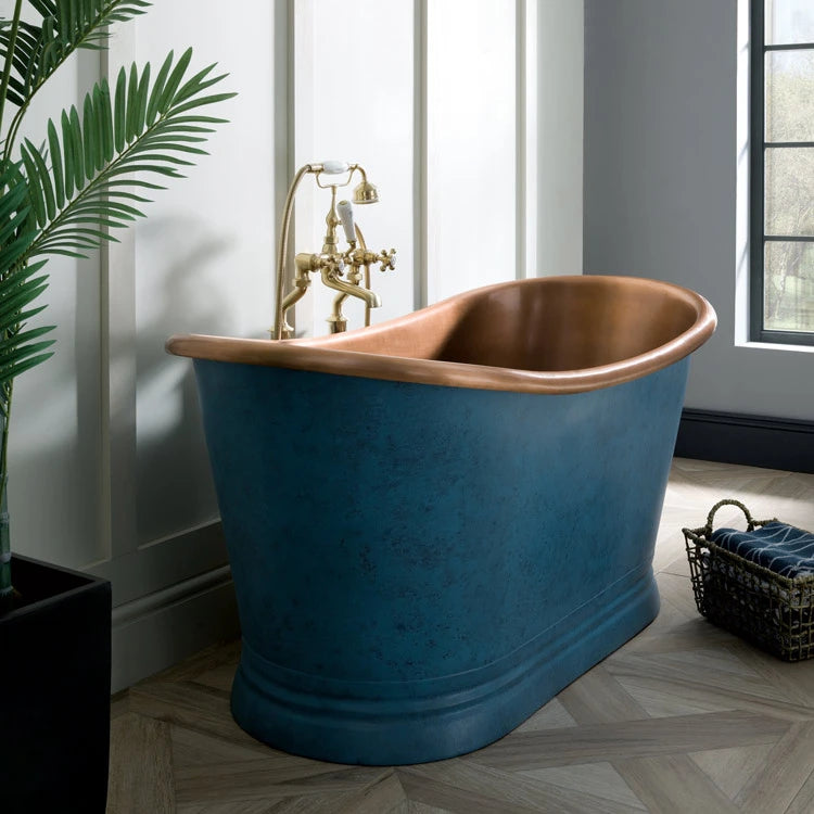 BC Designs Blue Patinata Antique Copper Bath, Roll Top Bathtub 1700mm x 725mm side image showing bath and traditional tap in modern bathroom