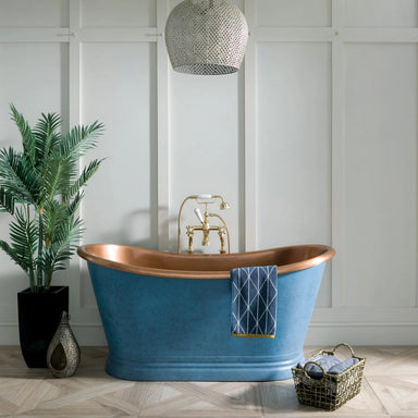 BC Designs Blue Patinata Antique Copper Bath, Roll Top Bathtub 1700mm x 725mm within modern luxury bathroom
