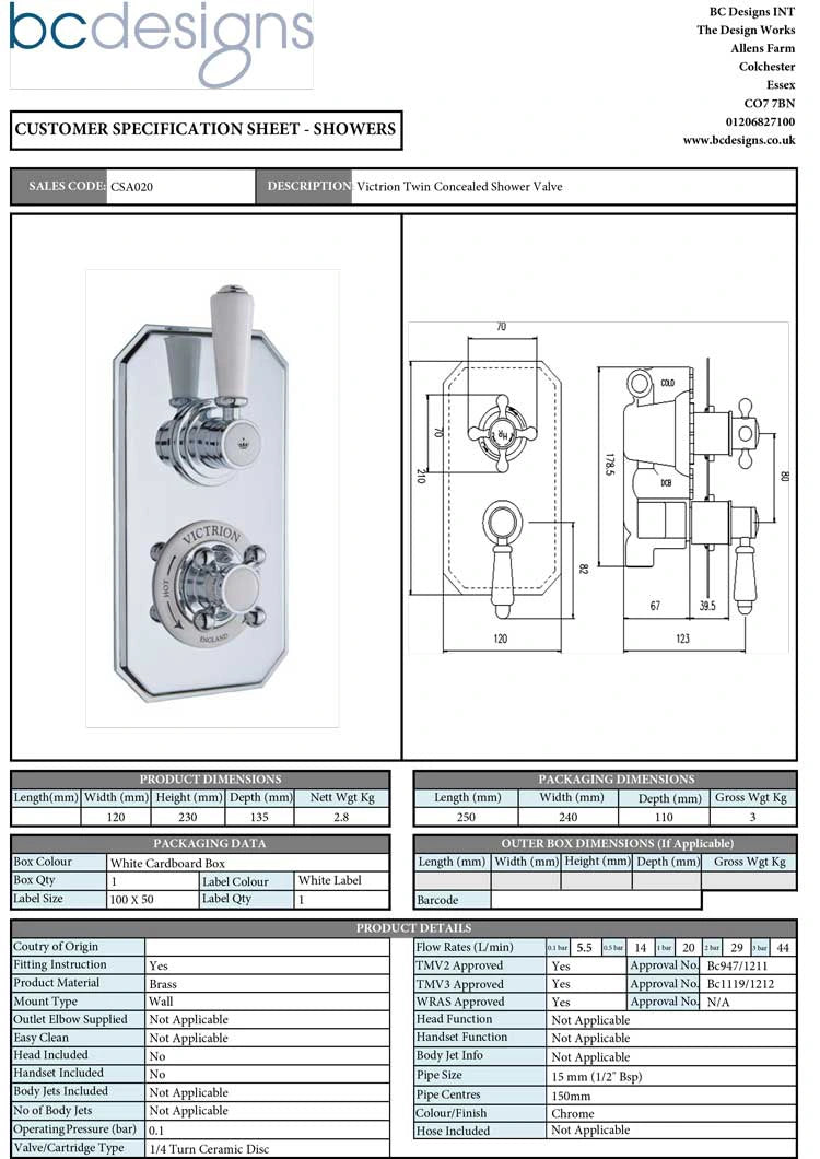 BC Designs Victrion Twin Thermostatic Concealed Shower Valve 1 Outlet technical specification