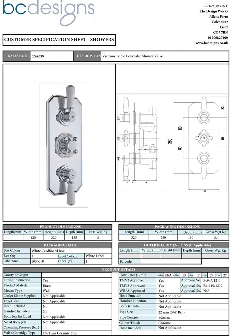 BC Designs Victrion Triple Thermostatic Concealed Shower Valve 2 Outlets technical specification