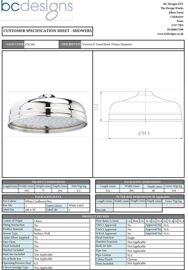 BC Designs Victrion 8 Inch Shower Head technical specification