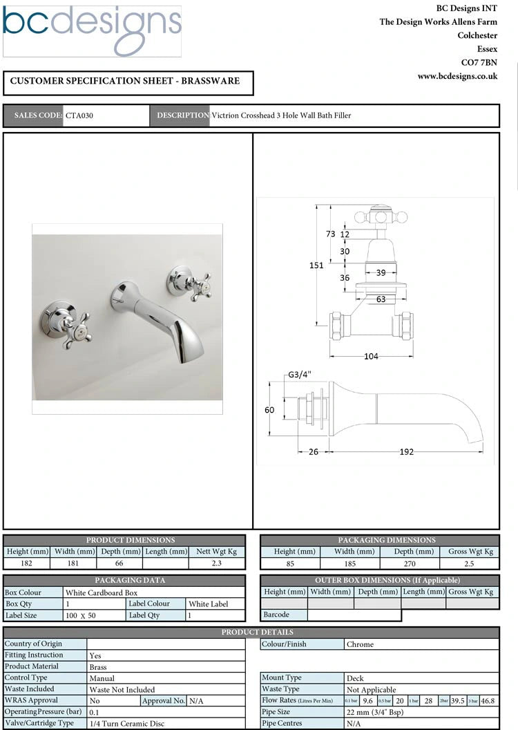 BC Designs Victrion Crosshead 3-Hole Wall-Mounted Bath Filler, 1/4 Turn Ceramic Discs technical drawing